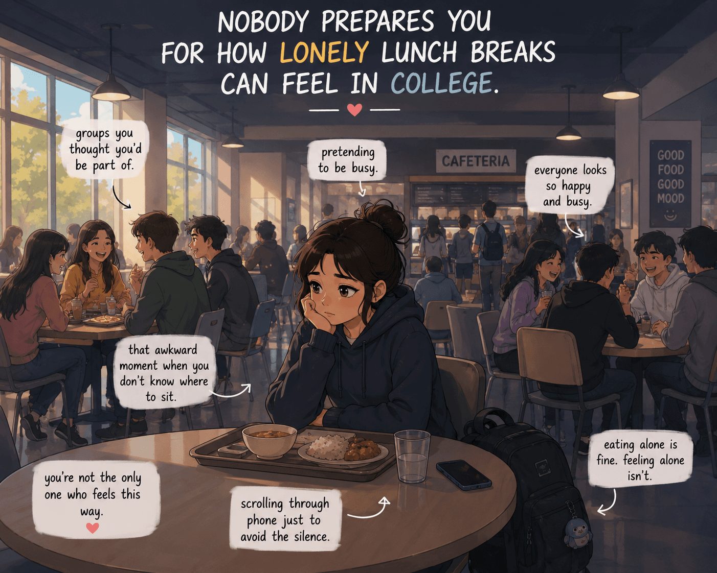 Nobody prepares you for how lonely lunch breaks can feel in college